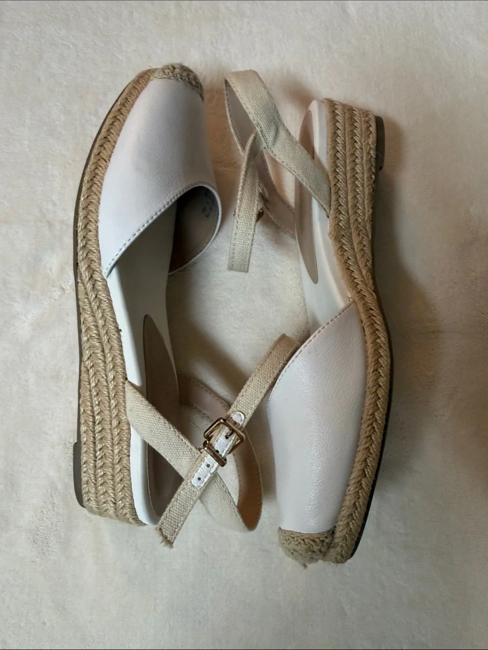 White Leather Espadrille Slingback Sandals with Beige Strap